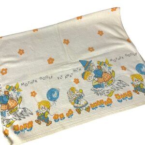Vintage 60s Mother Goose Baby Receiving Blanket 25x39 White Cotton Nursery Decor